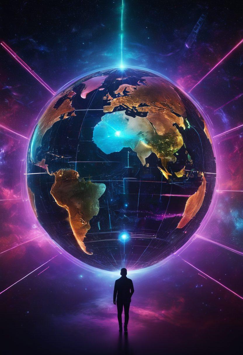 A futuristic globe split into hemispheres, each displaying unique technology symbols and digital patterns that represent global challenges like climate change and health crises. Include diverse people using advanced tech to collaborate across the globe, interconnected by luminous lines representing data flow. Set against a deep space background filled with stars and nebulae. vibrant colors. cyberpunk style.